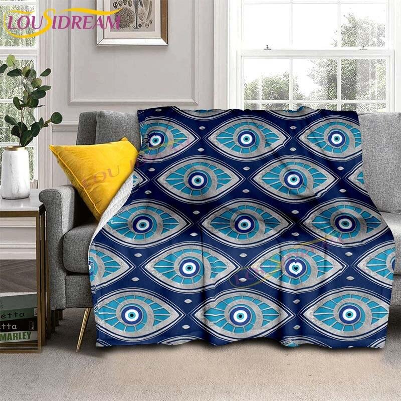 Evil Eye włoski prezent Malocchio Eye niebieski i biały koc rzut koc narzuta na kanapę Boho Chic Distressed Tribal Decor
