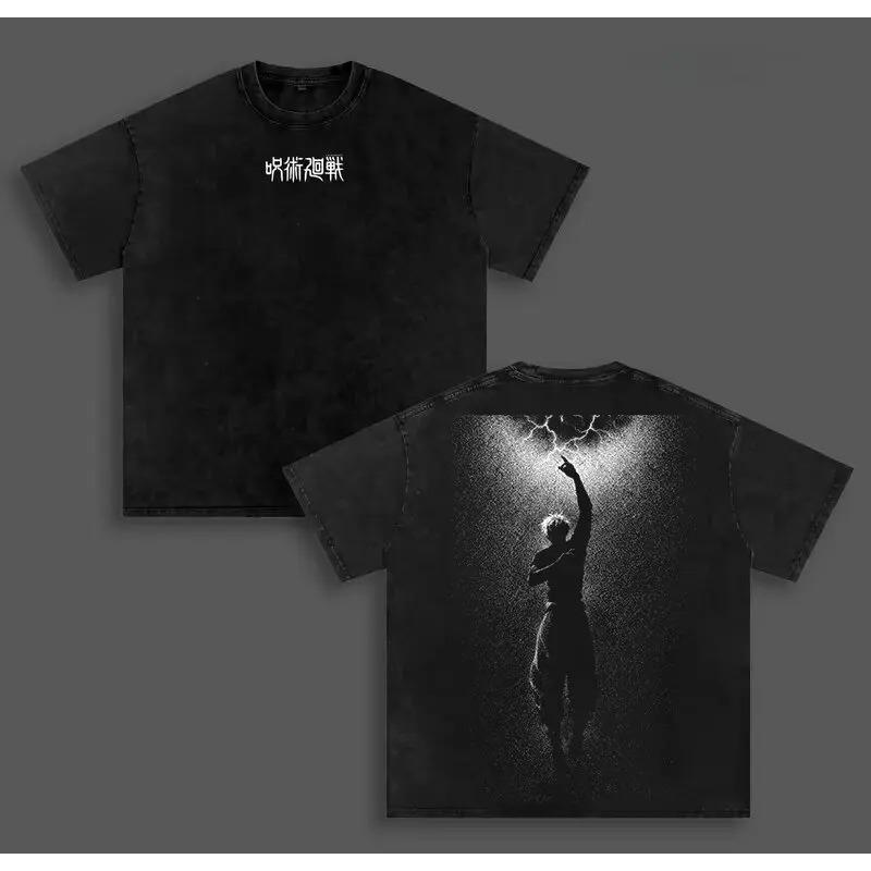 Manga Jujutsu Kaisen T-shirt Gojo Satoru Y2k Washed Oversized Tee Shirt Summer Short Sleeve 100% Cotton Men's Clothing Tops