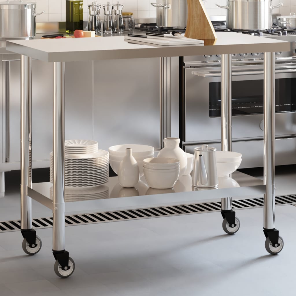 Vidaxl Kitchen Work Table On Wheels, 110X55X85 Cm, Stainless Steel