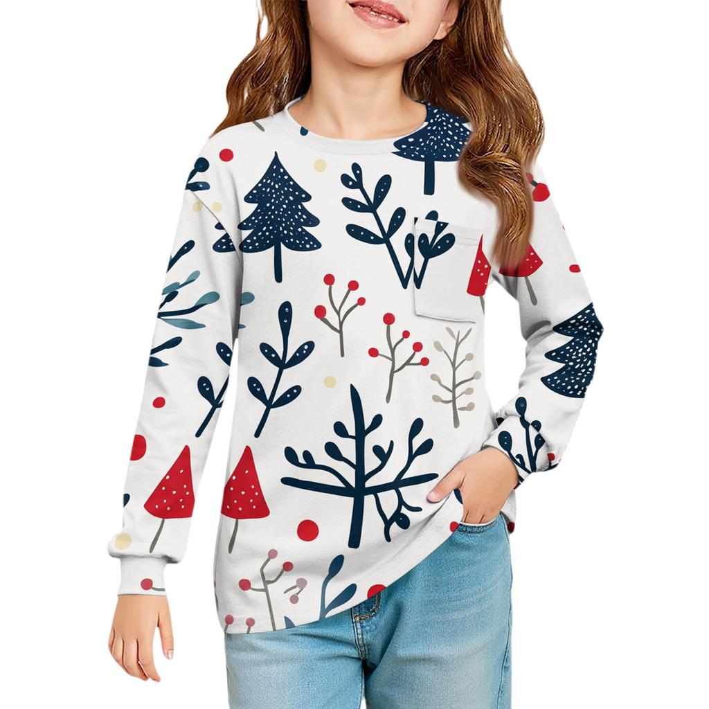 Christmas Day Girls' Long Sleeve Blouse - Round Neck Soft Waist Tunic
