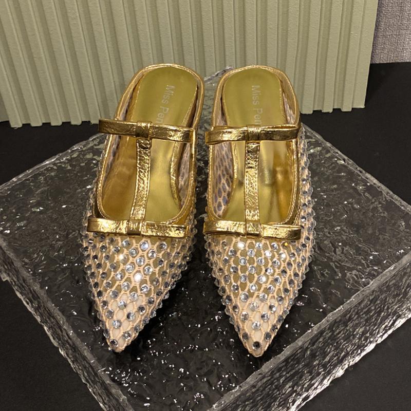 

Модные хрустальные женские тапочки, балетки с острым носком, дизайнерские мюли, обувь с ремешком на пятке, уютные женские сандалии 2025, модный бренд Mujer De Zapatos 35 золотой
