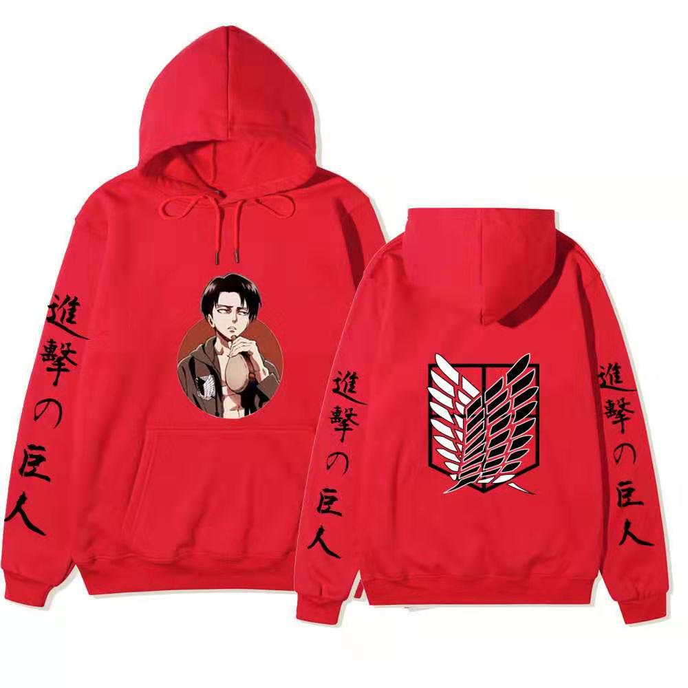Attack On Titan Levi Ackerman Hoodie Unisex Fleece Sweatshirt, Front Character Print, Back Wings Logo, Japanese Sleeve Text, Autumn Winter Pullover