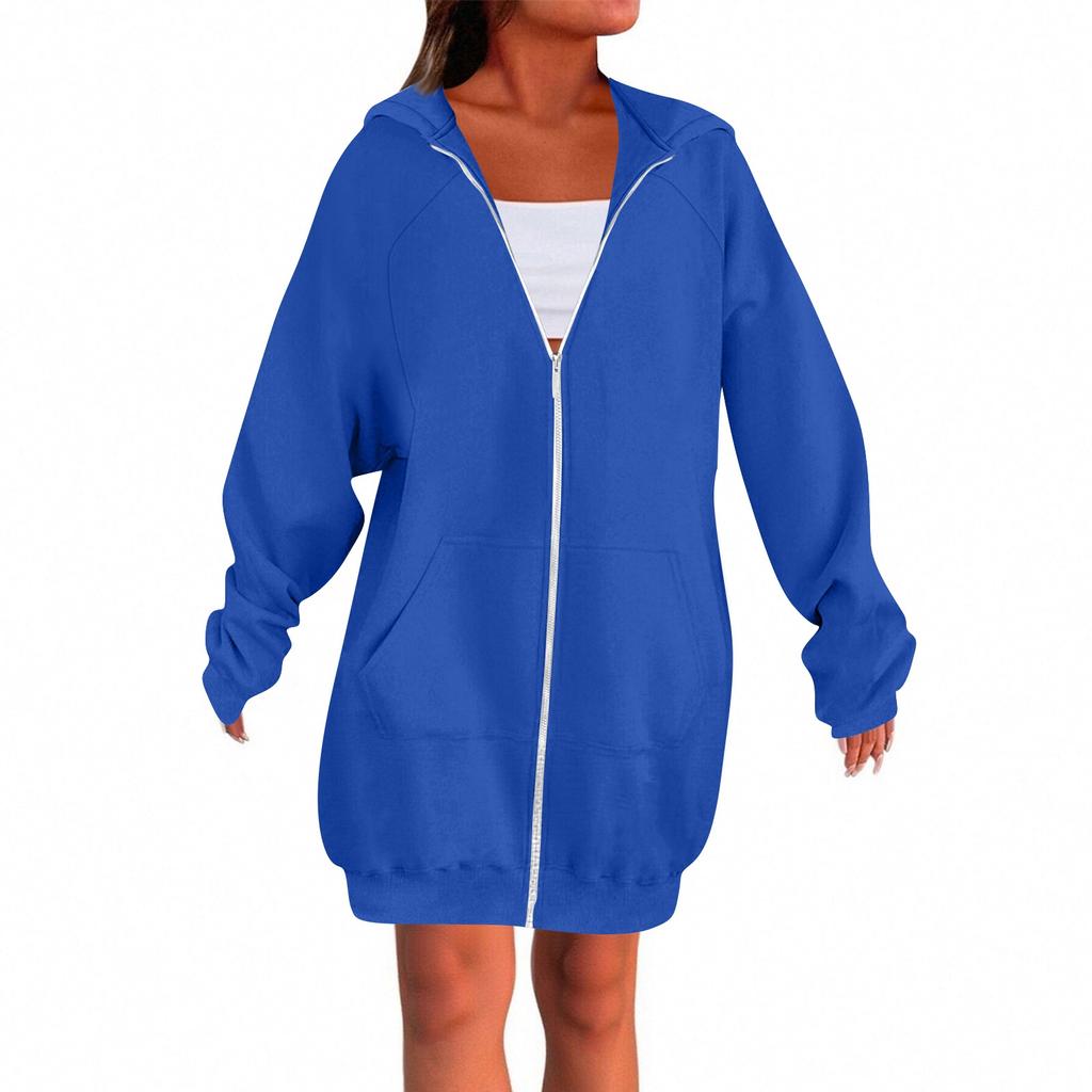 Women's Solid Color Zippered Sweatshirt Top Daily Casual Raglan Long Jacket (Without Hood Drawstring)