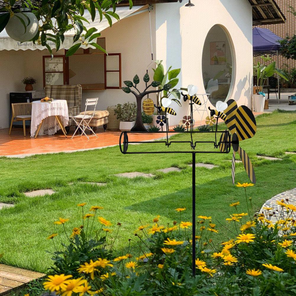 3D Animal Bee Windmill Metal Whirligig Wind Spinner Garden Trees & Little Bees Ornament Art Stake Decorations For Outdoor Lawn
