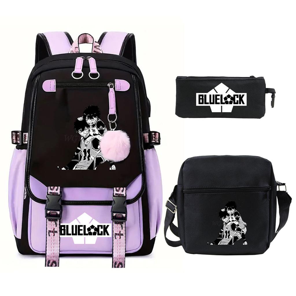 Blue Prison Student School Bag Large Capacity Children'S Shoulder Bag Casual Pencil Bag Set