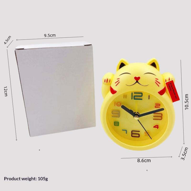 Cute Lucky Cat Alarm Clock Quiet Non-Ticking Movement Kawaii Design for Kids Bedside Nightstand Decor
