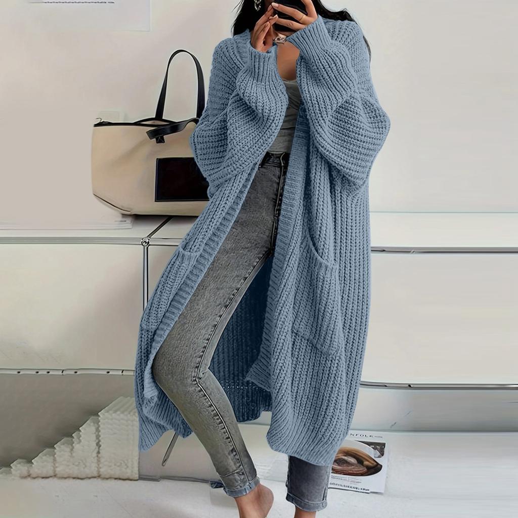 Women's Solid Color Long Sleeved Knee Length Knitted Cardigan, Lazy Trend, Medium Long Hair Jacket