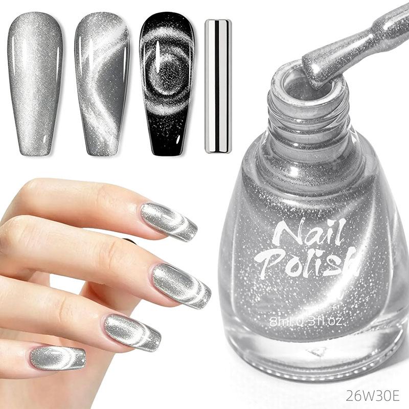 Dynamic Diamond Crushed Cat Eye Nail Polish, Icy Transparent Pearlescent Glitter Porcelain White Cat Eye Manicure Decor