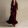 Robe longue unie pour femme, style européen et américain, avec revers boutonnée, jupe évasée cintrée à la taille et manches sept-quarts, pour 2025.