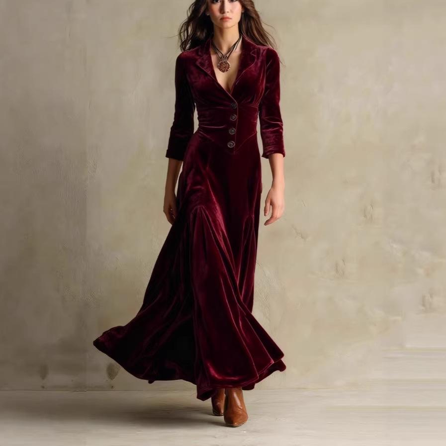 Robe longue unie pour femme, style européen et américain, avec revers boutonnée, jupe évasée cintrée à la taille et manches sept-quarts, pour 2025.