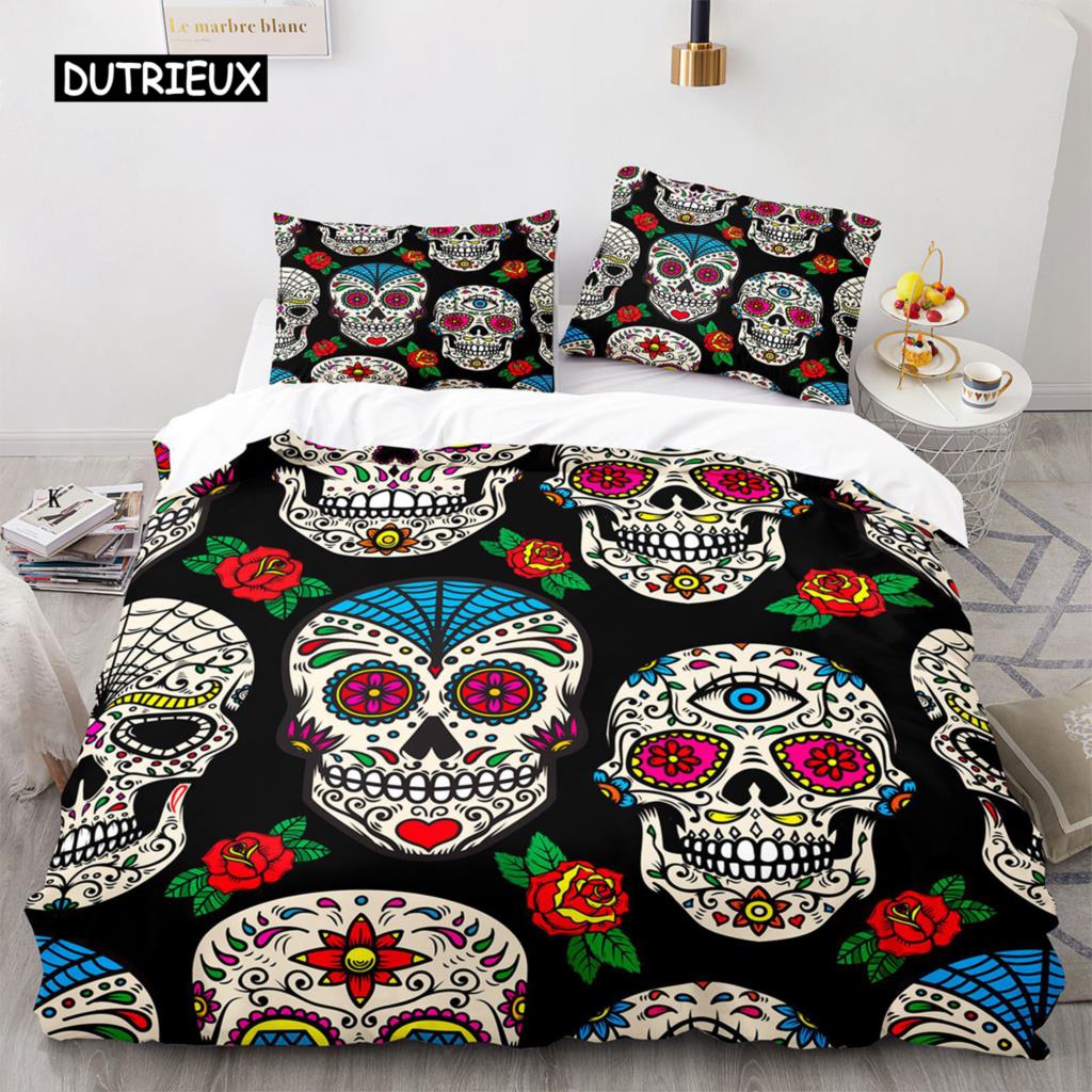 Povlak na přikrývku Sugar Skull King Mikrovlákno Růžový Ložní Set Květinová Lebka Povlak na Přikrývku Černá Červená Oranžová Kostra Jednolůžkový Povlak na Prošívanou Přikrývku