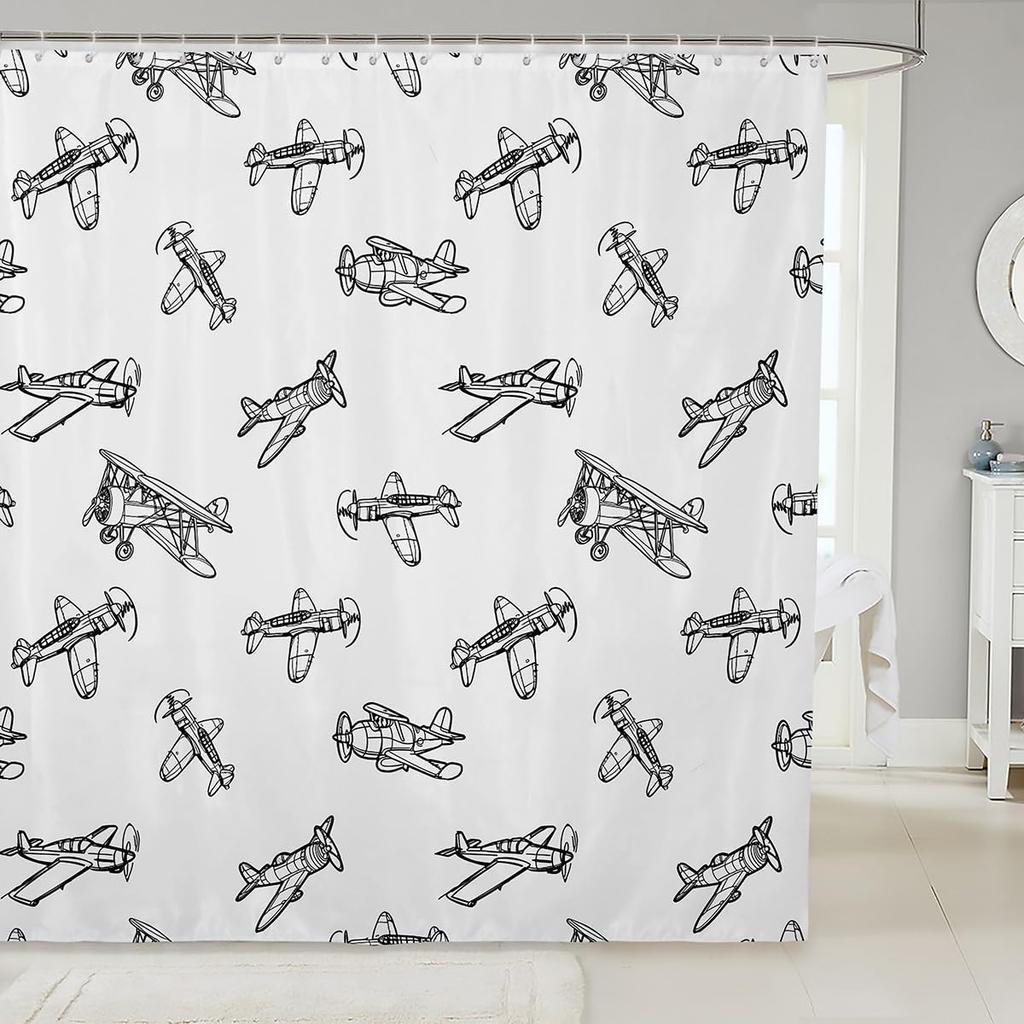 Vintage Airplane Pattern Shower Curtain Kids Room Decor Linen180X180