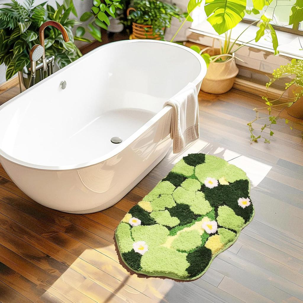 Green Moss Rug - Cute Leaf Flower Green Bath Mat Non Slip - Washable Shag Bathroom Rugs 3D Moss Carpet for Bedroom, Bathroom Floor, 32×20 Inch