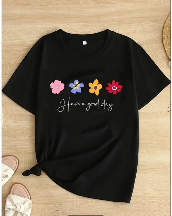 

Plus Size Floral Print T-Shirt, Casual Crew Neck Short Sleeve T-Shirt, Women s Plus Size Clothing 1XL чёрный