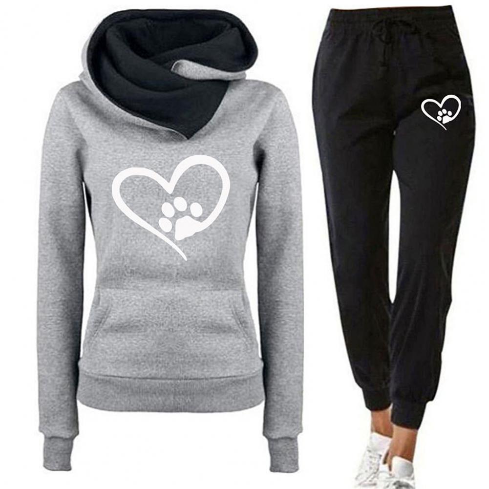 2Pcs/Set Women Autumn Winter Heart Print Sport Outfit Hooded Long Sleeve Front Pocket Sweatshirt Tops Elastic Waist Jogger Pants