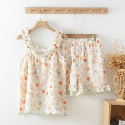 2026 Summer New Women's Pajama Set 100% Pure Cotton Crepe Sweet and Cute Sling+Shorts Two Piece Fragmented Flower Home Fury
