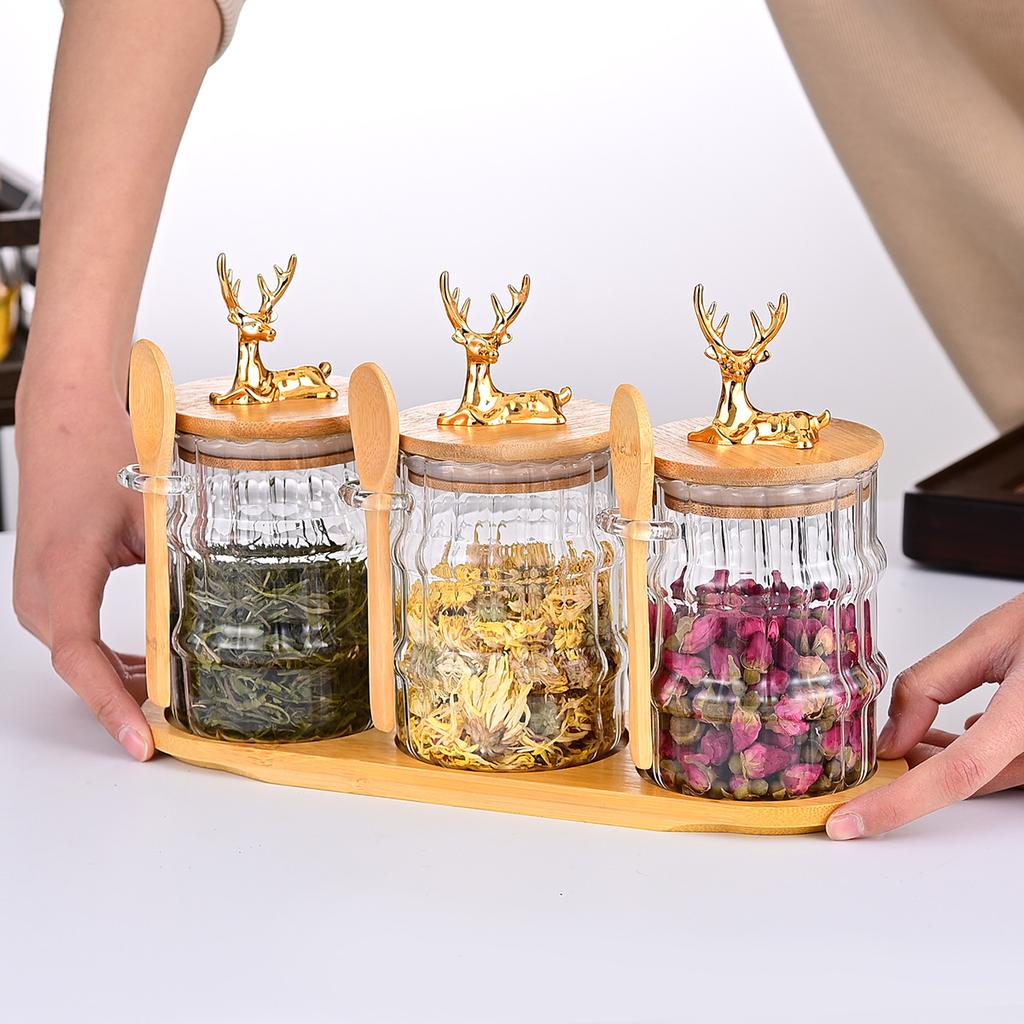 High Borosilicate Glass Storage Jar with Lids Spoons Tray Tea Coffee Beans Jars Leakproof Food Sealed Containers for Kitchen