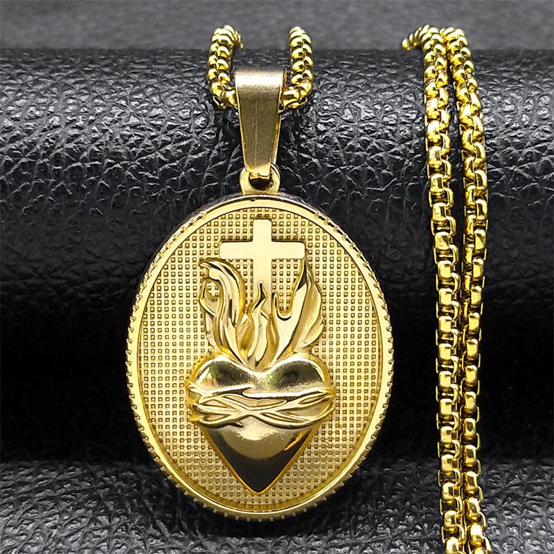 

Vintage Christian Sacred Heart of Jesus Cross Necklace for Women/Men Stainless Steel Gold Color Catholic Chain Jewelry NZZ465S02 60CM