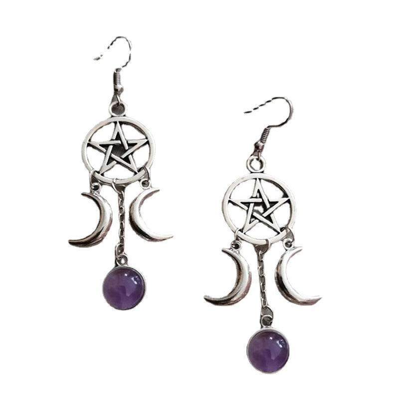 New Five Pointed Star Triple Moon Purple Stone Earrings Gothic Witch Pagan Star and Moon Earrings for Women Magic Mystery Amethyst Earrings