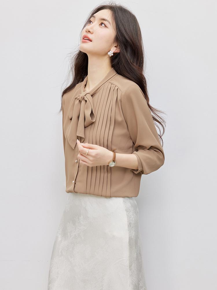 2026 New Women's White Bow Design Long Sleeve Fashion Shirt for Work