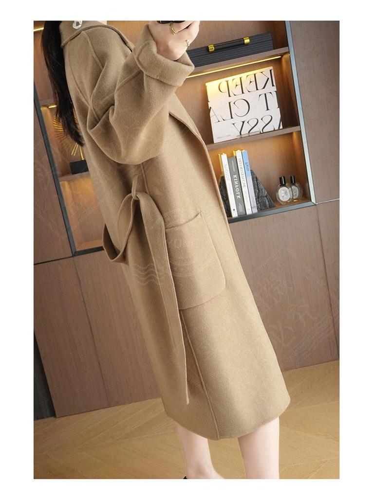 Damen Kaschmir-Mantel in mittlerer Länge im koreanischen Stil, doppelseitig, hochwertig, reine Wolle, lockere Passform für Herbst und Winter