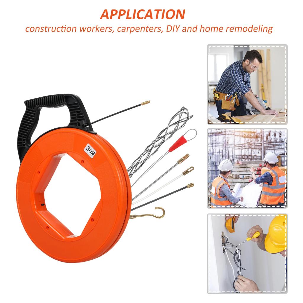 Cable Retractable Aid 30m High-Quality Retractable Spiral Including 6 Adapters Pull Wire for Empty Pipes with Shatterproof Cable