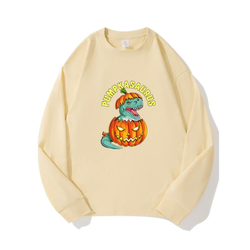 

Осенняя одежда с изображением динозавра-тыквы, длинный рукав, чистый хлопок, новый мужской и женский топ, весенний внутренний слой, базовая рубашка, футболка с круглым вырезом и длинными рукавами XXL бежевый