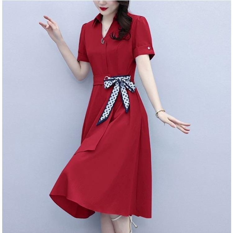 Summer Women's Dresses with Short Sleeves Solid Color Slimming and Covering Belly