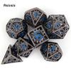 7 Pcs  Black Blue Gear Wheel Metal Dice Hollow Metal Polyhedral Dice Set Suitable for Role-Playing RPG  Board Game Card Game