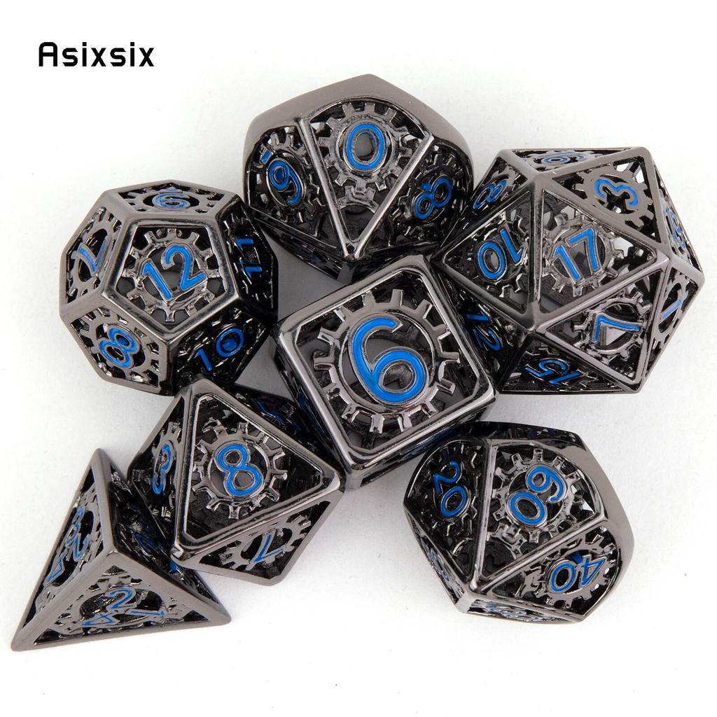 7 Pcs  Black Blue Gear Wheel Metal Dice Hollow Metal Polyhedral Dice Set Suitable for Role-Playing RPG  Board Game Card Game