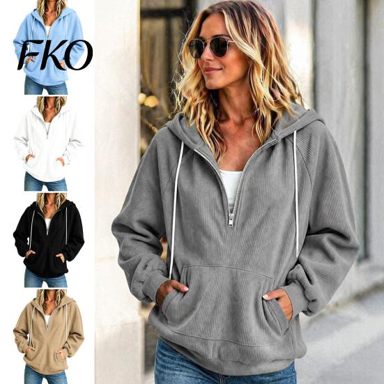 Comfortable Loungewear Top Womens Quarter Zip Hoodie, Oversized Loose Fit Long Sleeve Sweatshirt with Full Corduroy Hoodie Drawstring Hood Kangaroo