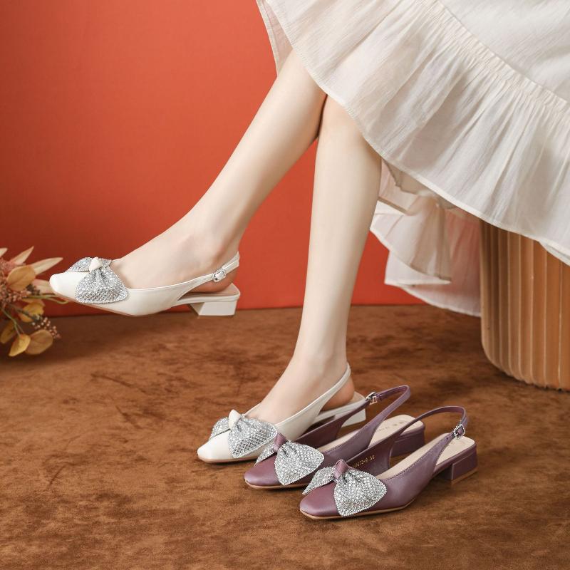 Women's French Crystal Embellished Chunky Heel Purple Sandals Open Back Square Toe Bow Summer Shoes