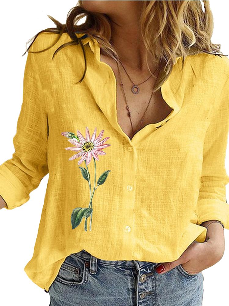 Dámská módní košile s květinovým potiskem Jaro&léto Volný top Dámská ležérní bavlněná lněná halenka