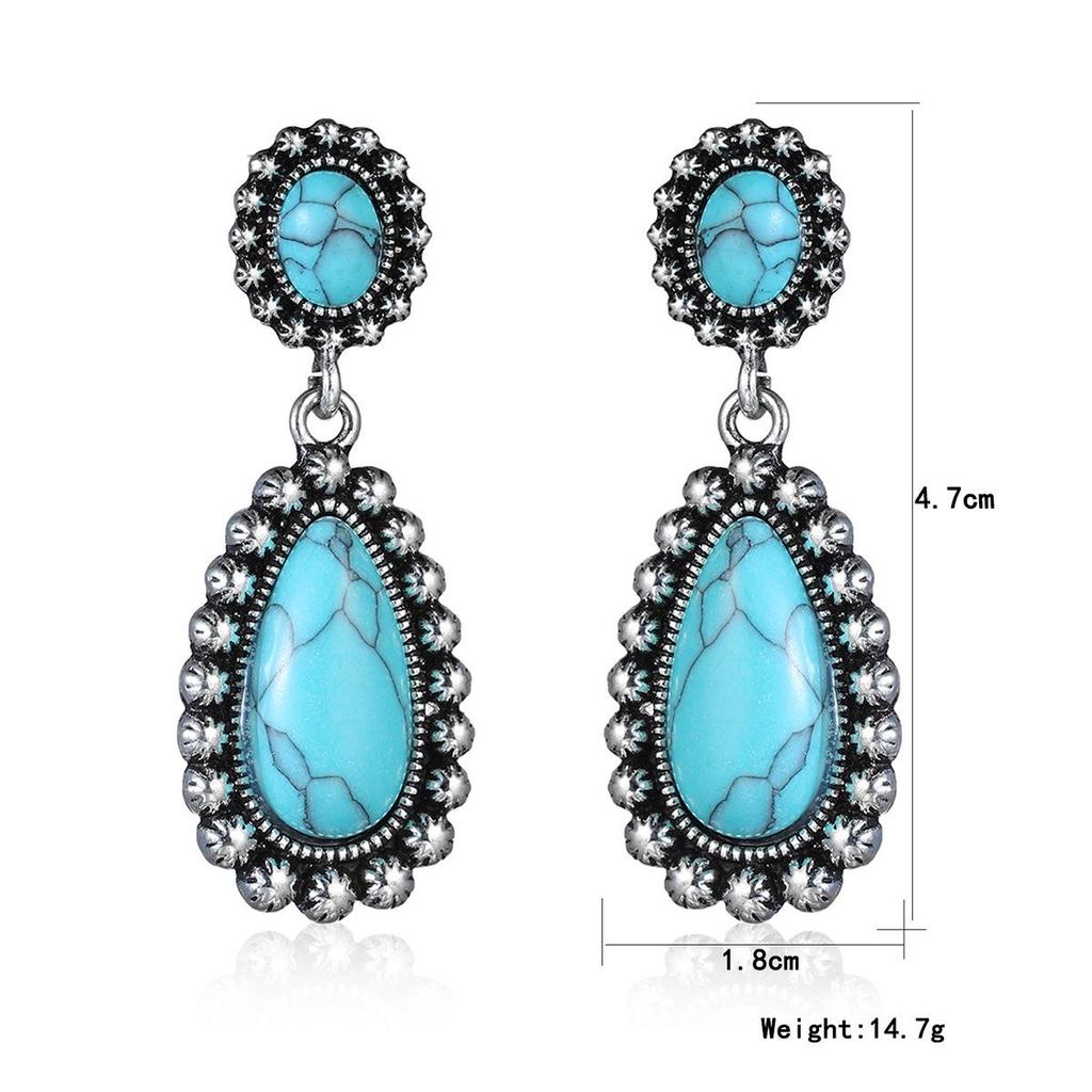 Retro Turkusowe Kolczyki w Kształcie Gruszki w Antycznym Srebrze - Styl Europejski i Amerykański