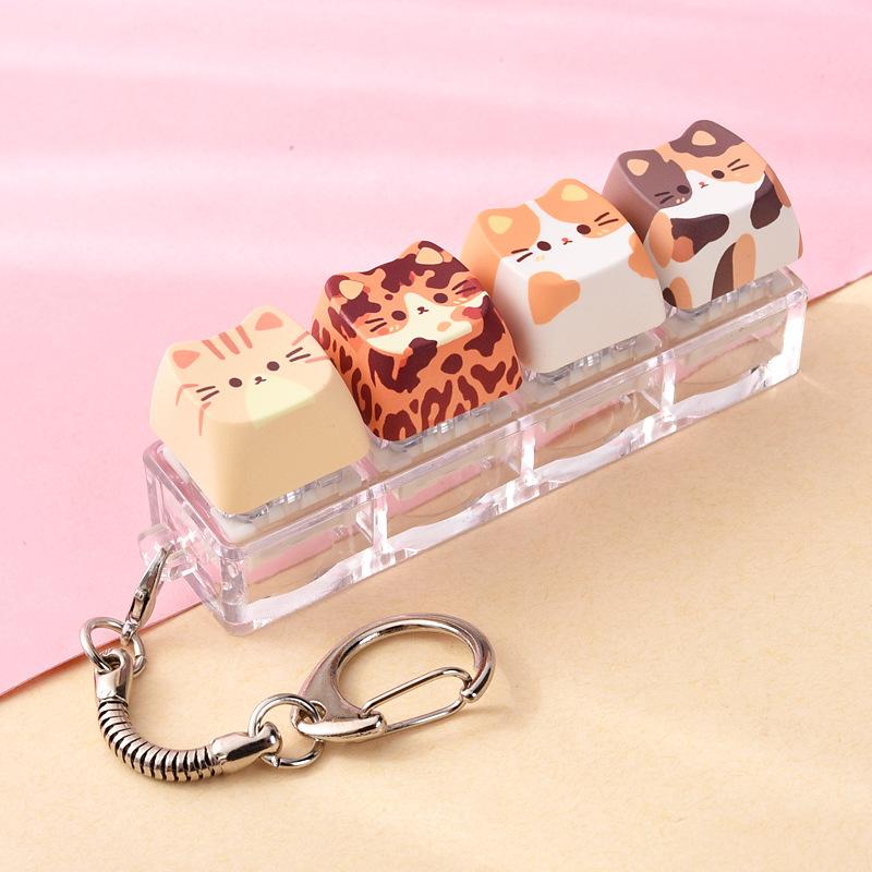 1Pcs Cute Cat Keyboard Fidget 4 Keys Creative Design Keycap Keyring Finger Button Kawaii Mechanical Keyboard Keychain