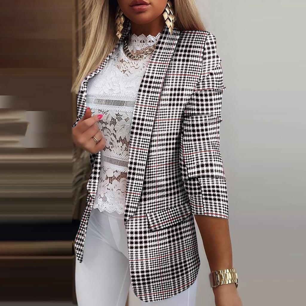 Women Fashion Long Sleeve Print Color Coat Open Front  Suit Jacket
