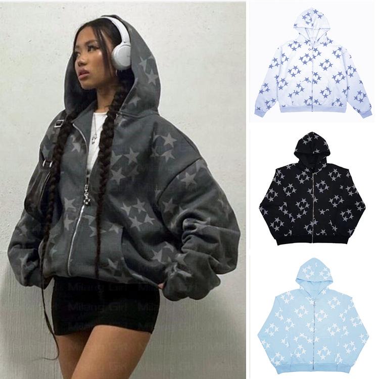 Unisex Hoodie met Lange Mouwen en Rits Losse Pasvorm Streetwear Sterrenprint Sweatshirt Jas