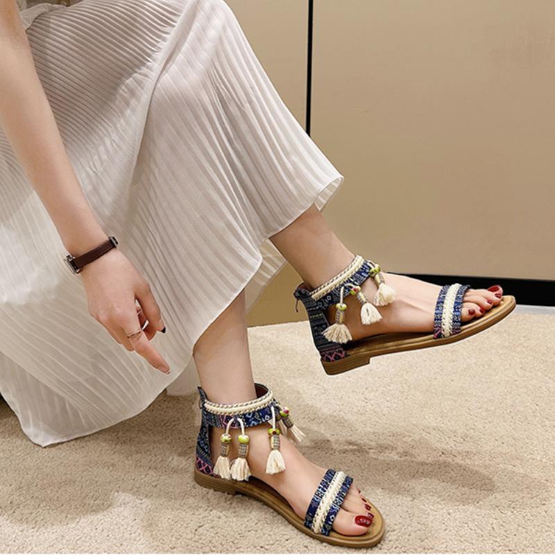 Women's Bohemian Sandals Summer Flats Female Casual Peep Toe Shoes Female Slip on Tassels Beach Comfort Sandalias for Women