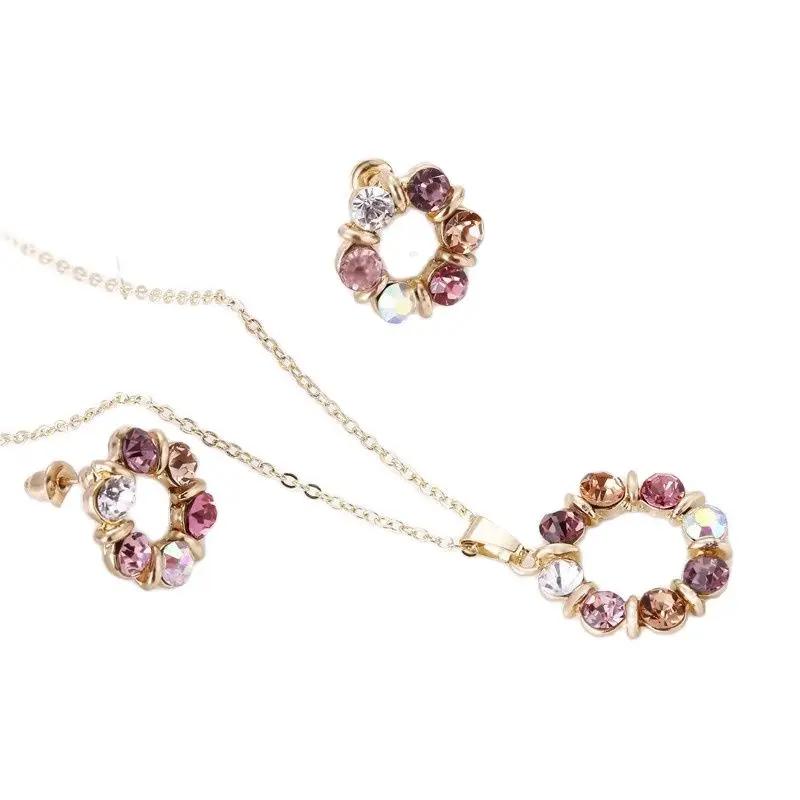 3pcs Necklace Earrings Set Ladies Celebrity Simple Fashion Style Exquisite Stained Glass Diamond Circle Shape Jewelry