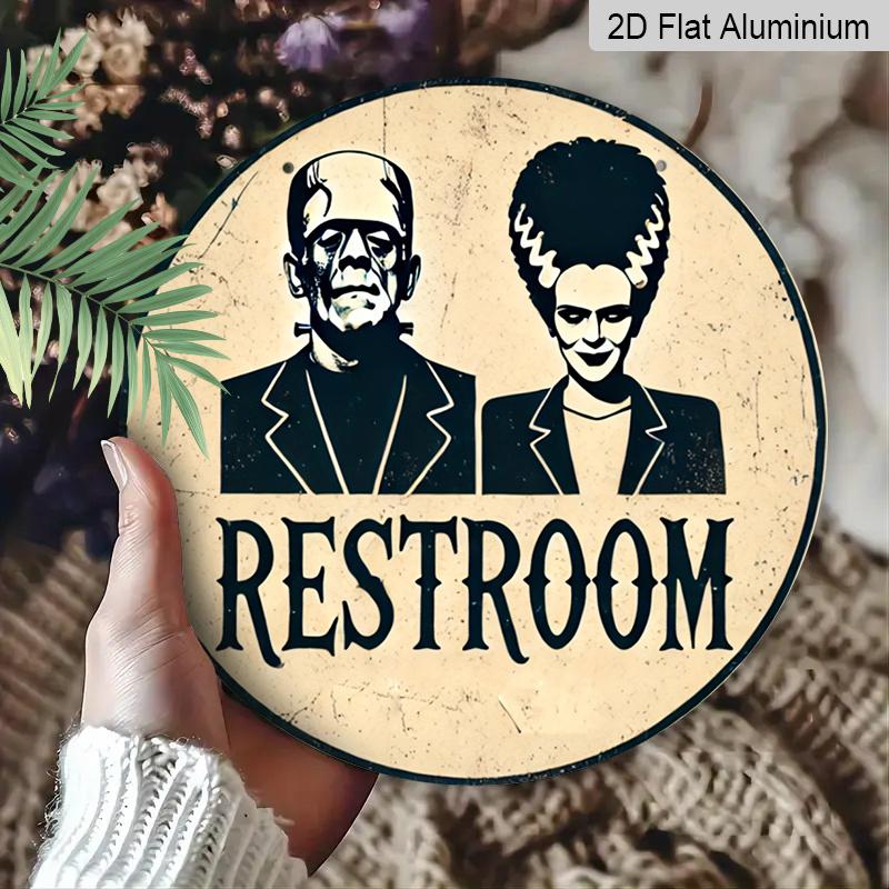 2D Flat, 1pc Frankenstein's Monster RESTROOM Metal Wall Sign - 7.87inch Round Bathroom Decor with Pre-Drilled Holes, Vintage Humorous Design for