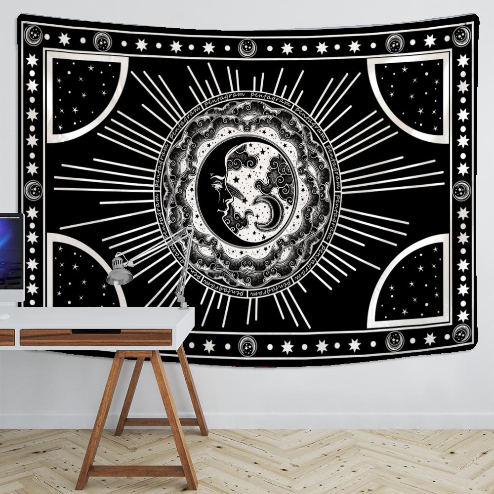 Soare, Lună, stea, tapiserie agățată pe perete, iluzorie, vrăjitorie abstractă, imprimare în alb și negru, decor boem pentru dormitor