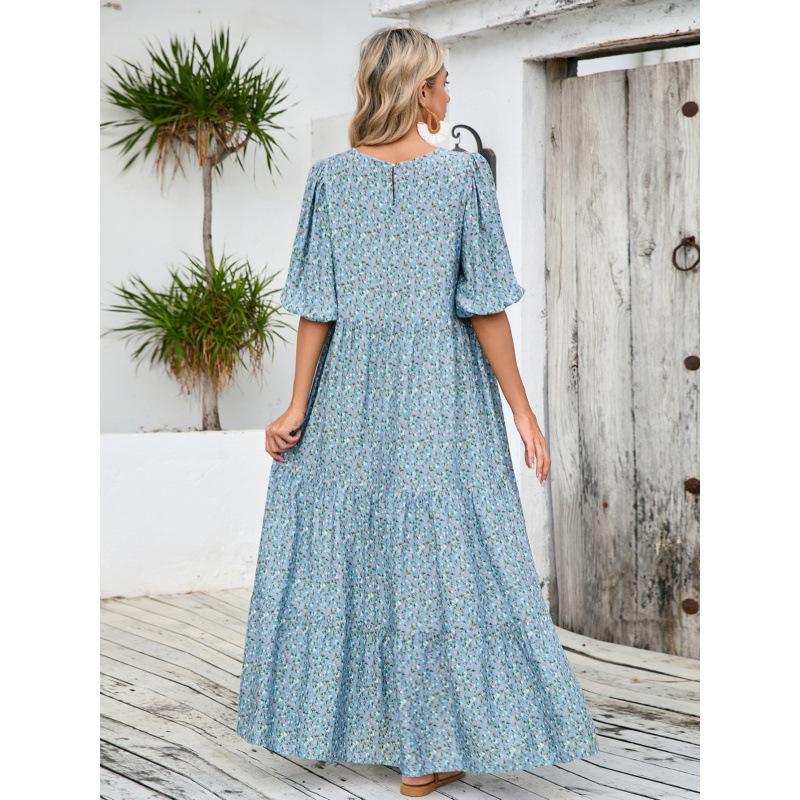 Boho Vacation Style Breathable Cotton Short Sleeve Floral Dress Plus Size Loose Long Dress Comfortable Lightweight Elegant Slimming Flattering Fit