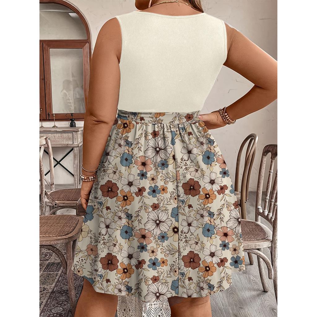 Women's Fashionable Casual Color Blocked Printed Sleeveless Waist Dress In Large Size