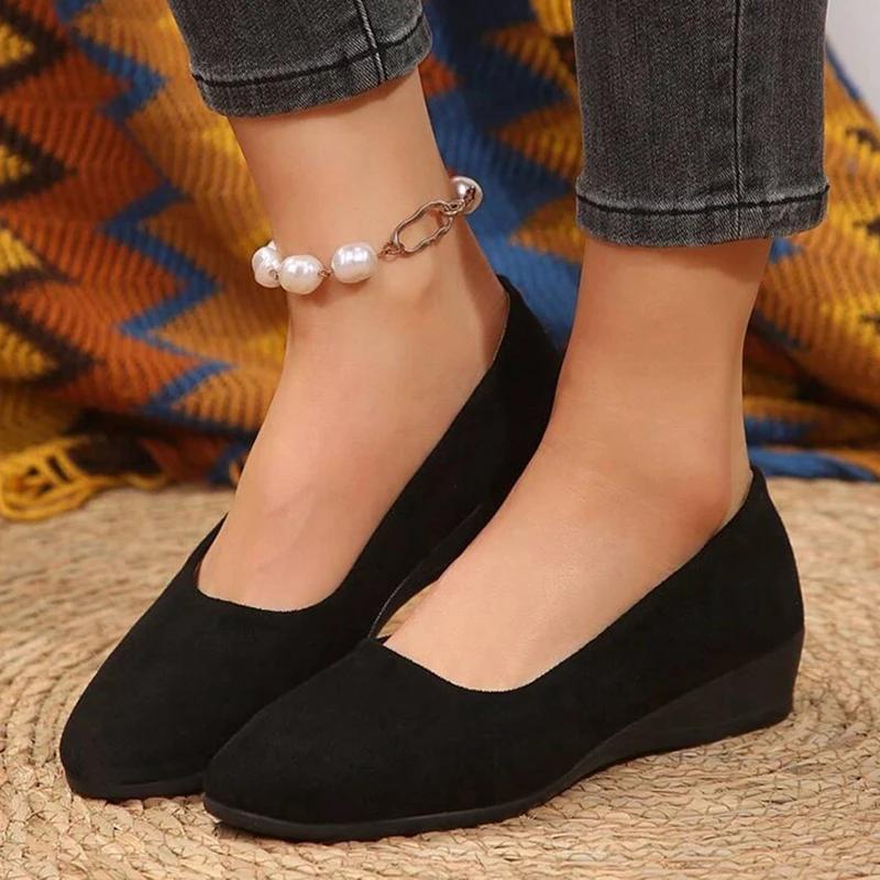 Fashion Classic Black Women Wedge Single Shoes Lightweight Slip On Office Work Shoes Woman Comfortable Soft Sole Casual Footwear Female