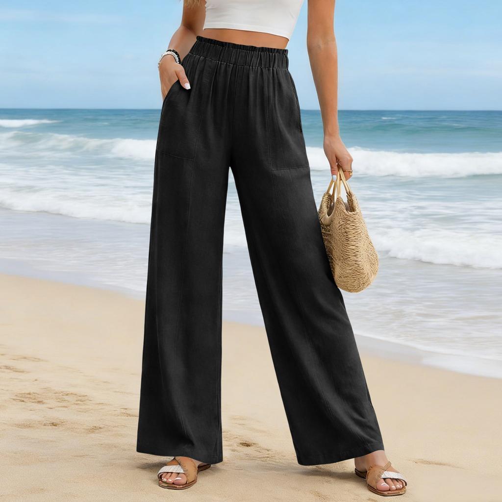 Women's Cotton Linen Pants Summer Wide Leg Casual Loose Drawstring High Waist Palazzo Pants Trousers With Pockets