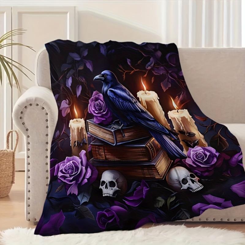 Skull & Raven Flannel Blanket - Gothic Gift Throw for Family/Friends, Multi-Use for Sofa/Nap/Travel/Camping