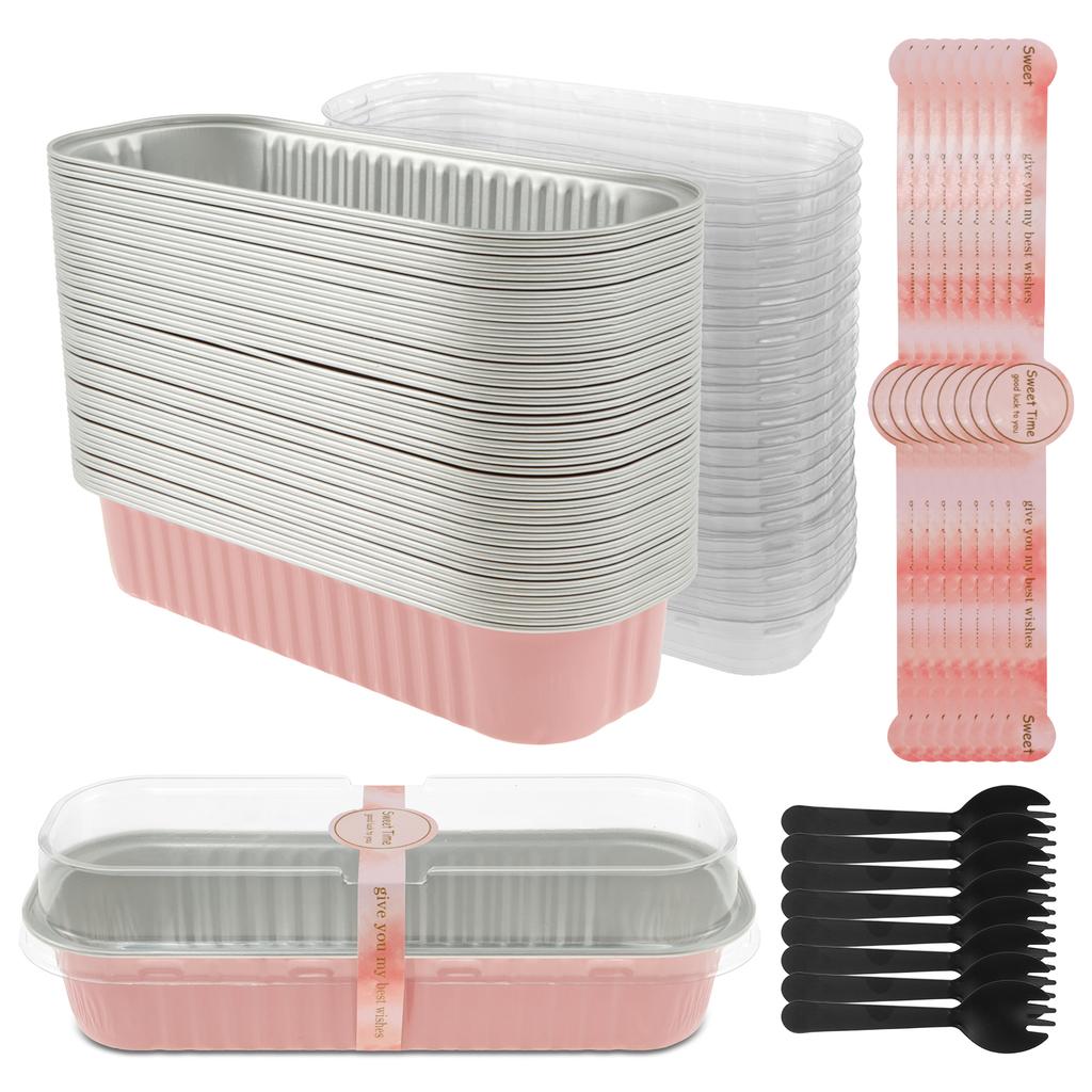 50Pcs Mini Loaf Pans Aluminum Foil Mini Cake Pans w/ Lids Spoons Sealing Stickers Nonstick Mini Loaf Baking Pans Cake Containers