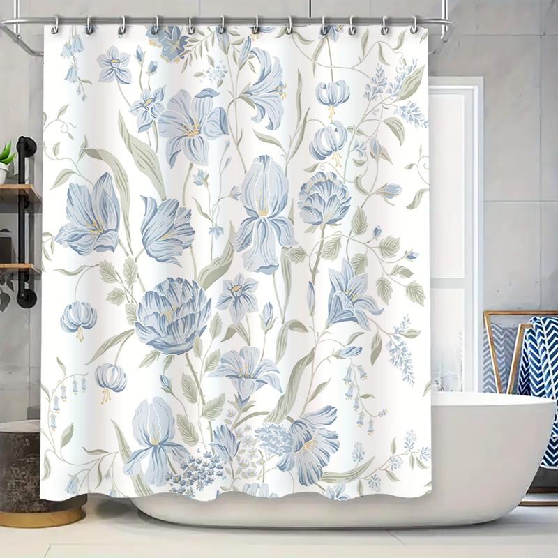 

Elegant Blue Floral Bath Curtain With White Backdrop Green Leaves Enhance Your Bath Space With Elegance And Nature Easy-Clean W60H190(CM)-1 Pcs