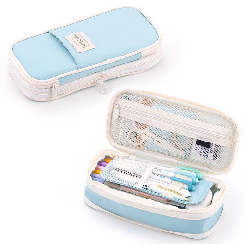 Macaron Colorblock Large Capacity Art Student Pencil Case - Double Layer Oxford Cloth Paintbrush Storage Bag