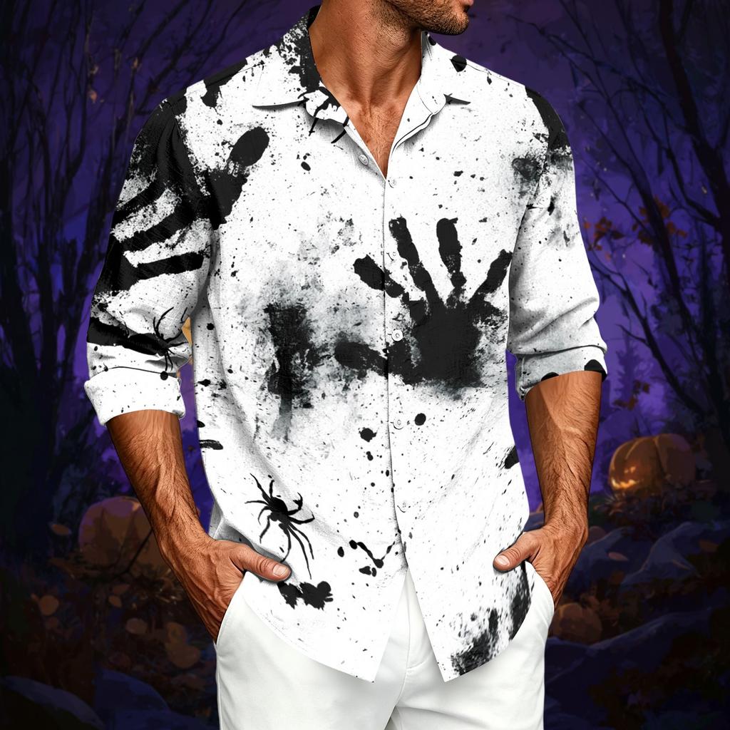 Men's Casual Long Sleeve Shirt with Halloween Print for Spring and Fall Everyday Wear